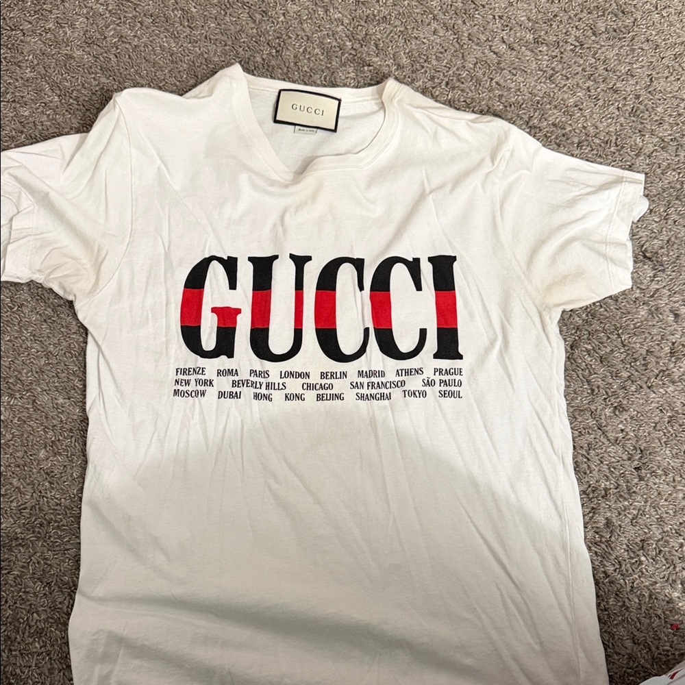 Gucci White Tee with Red and Black Stripe Logo